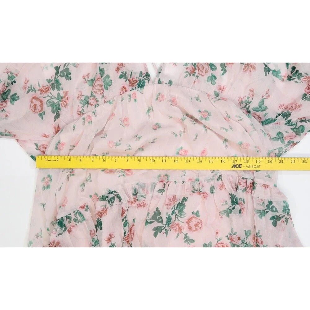 ASOS DESIGN Dress Womens 12 Pink Floral V Neck Long Sleeve Ruffle Skater Mini - Picture 5 of 11